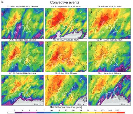 Figura 6: Esempio di distribuzione degli accumuli di pioggia durante 9 eventi di precipitazione intensa nella zona del Lago Maggiore. In particolare, vengono rappresentati i 9 eventi che hanno causato le portate più elevate del fiume Maggia fra il 2005 e il 2012. 