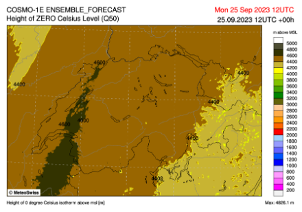 Fig. 4: cartina COSMO-1E dell’isoterma di zero gradi (valore mediano) per oggi, 25.9.2023, alle ore 12 UTC.