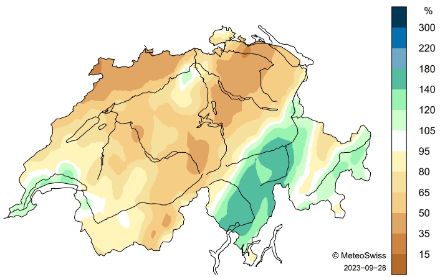 Figura 4: Distribuzione spaziale della somma delle precipitazioni di settembre 2023, rappresentata come anomalia percentuale rispetto alla norma 1991-2020. 