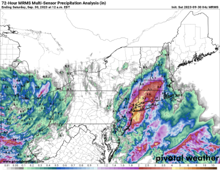 Figura 2: Precipitazioni cumulate nelle 72 ore tra il 27 settembre alle 04 UTC e il 30 settembre alle 04 UTC (06:00 ora locale in Svizzera) misurate da radar e pluviometri. Fonte: NOAA, pivotal weather 