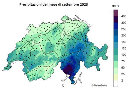 Carte della somma mensile delle precipitazioni di settembre 2023 in Svizzera.