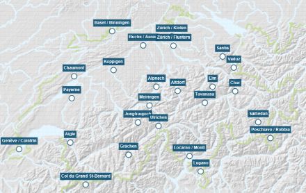 Figura 1: La rete delle osservazioni visuali in Svizzera, con indicate 21 località.