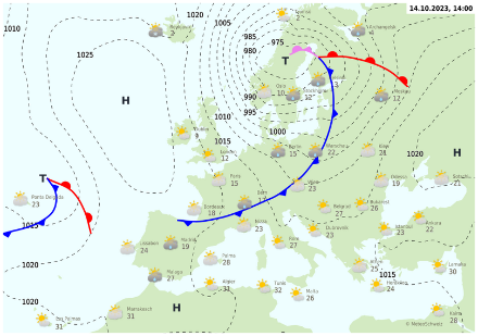 Fig. 3: cartina sinottica con l’analisi dei fronti, valevole sabato 14.10 alle ore 14.