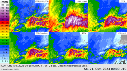 Fig. 2: previsione probabilistica degli accumuli di precipitazione tra venerdì e sabato alle 00. Modello di previsione: ICON 2E, corsa del 18.10.2023 alle 00 UTC. 