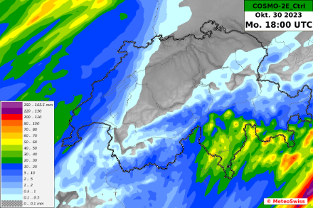 Fig. 2: Accumuli di precipitazioni su 48 ore entro lunedì 20:00 