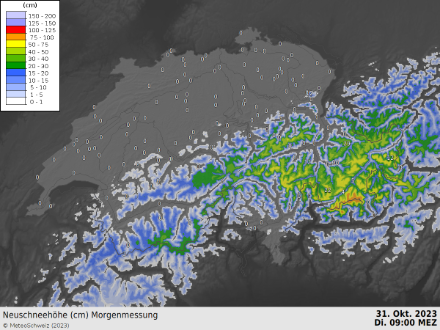 Stima della neve fresca martedì mattina alle 9 ora locale. A causa del limite delle nevicate più basso e delle montagne più alte, gli accumuli maggiori si sono registrati nei Grigioni.