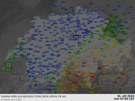 Accumuli di precipitazione fra lunedì mattina e martedì mattina.