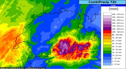 Carta degli accumuli di precipitazione stimati da CombiPrecip fra il 18.10.2023 ore 12.00 e il 21.10.2023 alla medesima ora. 