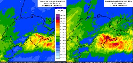 Mappa dei totali di precipitazione previsti nell'arco di 48 ore per il periodo da lunedì 23 ottobre ore 20 a mercoledì 25 ottobre ore 20 secondo lo scenario mediano dei modelli COSMO-2E e ICON-2E.