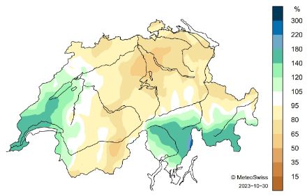 Fig. 4: Distribuzione spaziale dei quantiativi di precipitazione di ottobre 2023, rappresentati come anomalia rispetto alla norma 1991-2020 (stato al 30 ottobre 2023).