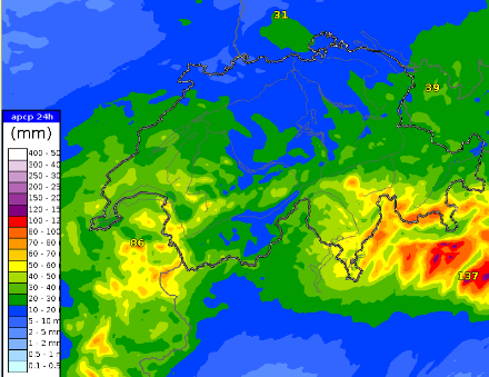 Fig. 3: Accumuli di precipitazioni previsti in 24 ore, dalle 00:00 di giovedì 2.11.2023 alle 00:00 di venerdì 3.11.2023 - modello Cosmo-2E. 