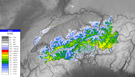 Fig. 4: Mappa delle precipitazioni nevose, così come stimata dal modello OSHD dell’SLF di Davos, per il periodo giovedì 06 UTC – venerdì 06 UTC. 