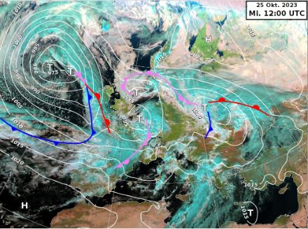 Carta al suolo con i campi di pressione e i fronti sovrapporti all'immagine satellitare di mercoledì alle 14.00 (12:00 UTC). 