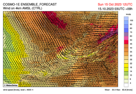Direzione ed intensità del vento a 4000 m prevista alle 14:00 ora locale del 15.10.2023 dal modello COSMO-1E-ctrl.