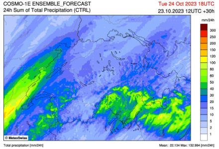 Fig. 2: Accumuli di precipitazioni (24h) attesi entro martedì sera, 20:00 ora locale