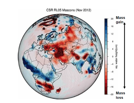 Fig. 3 : Anomalie degli stoccaggi di acqua terrestre calcolati attraverso i dati dei satelliti della missione GRACE per il mese di novembre 2012. 