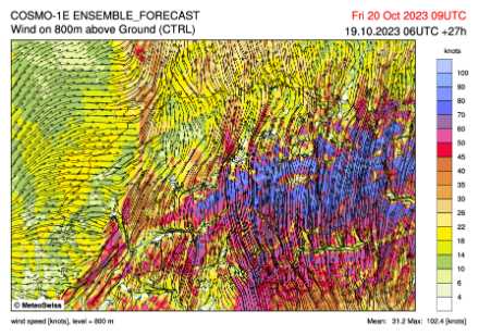 Previsione della direzione e delle raffiche di vento per venerdì 20 ottobre 2023 alle 11 ora locale (COSMO-2E CTRL, corsa del 19.10.2023 00 UTC) a quota 800 metri al di sopra dell’orografia del modello. 