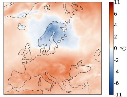 Fig. 5: Distribuzione spaziale della temperatura dell'ottobre 2023 in Europa, indicata come deviazione dalla media 1991-2020 in °C. Fonte: Copernicus.