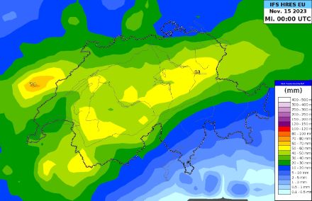 Accumuli di precipitazioni previsti nell'arco di 24 ore per martedì 15 novembre 2023 dal modello di previsione europeo