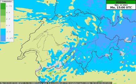 Temperatura prevista a 3000 metri di quota, per lunedì 13 novembre 2023 alle 15 UTC.