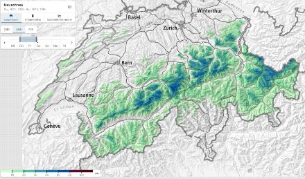 Totale di neve fresca caduta in 48 ore, nel periodo da giovedì 16 novembre 2023 ore 7.00 fino a sabato 18 novembre 2023 ore 7.00. Dati modellati da circa 440 stazioni manuali e automatiche dell'SLF e di MeteoSvizzera.