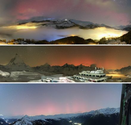 L'aurora boreale della sera del 5 novembre 2023 è stata registrata da diverse webcam.  In alto: Scuol-Tarasp, al centro: Trockener Steg, in basso: Pizzo Matro. Fonti delle immagini: Swisscom Broadcast AG, Zermatt Bergbahnen, RUAG AG