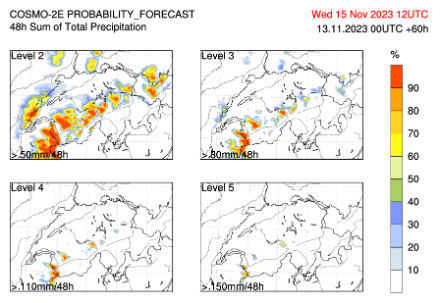 Probabilità del modello Cosmo-2E che soglie di allerta vengano superate in 48 ore. Il periodo considerato va da lunedì 13.00 a mercoledì 13.00. 