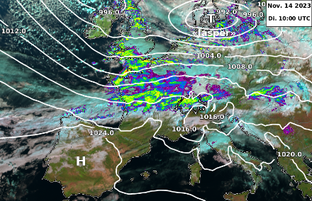Situazione meteorologica del 14 novembre 2023, immagine satellitare sovrapposta alla pressione atmosferica a livello del mare (isobare) e alle precipitazioni (radar).