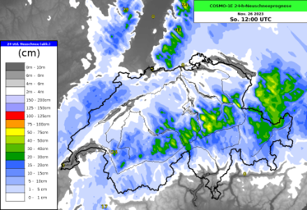Previsione degli accumuli di neve fresca in 24 ore secondo il modello COSMO-1E fino a domenica 26.11.2023 a mezzogiorno. Fonte: MeteoSvizzera