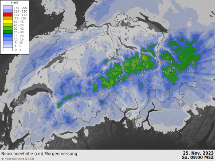Altezza della neve fresca caduta in 24 ore, dalle 9.00 di venerdì 24.11.2023 a oggi alla medesima ora. I numeri indicano le misure mentre le colorazione rappresentano l'analisi tramite l'algoritmo INCA. 