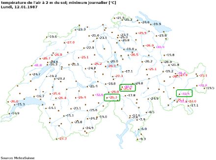 Temperature minime registrate in Svizzera il 12 gennaio 1987