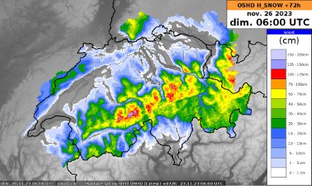 Mappa dei quantitativi di neve previsti entro le 7 del mattino di domenica (somma dei totali di venerdì e sabato, ma tenendo conto dello scioglimento e dell'assestamento).