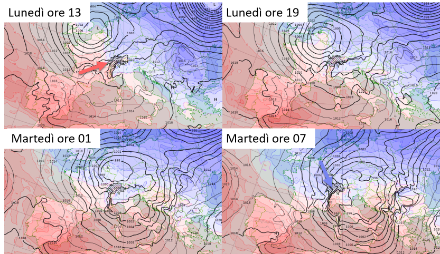 Pressione ridotta al livello del mare (contorni, in hPa) e temperatura a 850 hPa (circa 1500 m, colori, in °C) fra lunedì 27 e martedì 28 novembre 2023 secondo il modello europeo IFS ad alta risoluzione.