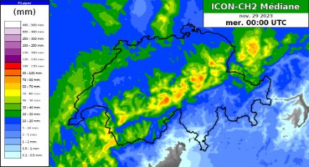 Accumulo di precipitazioni (in mm) su 48 ore fra lunedì 27 e martedì 28 novembre 2023. Modello ICON-CH2, scenario mediano.