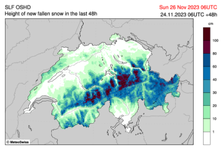 Carta del quantitativo di neve fresca (in cm) previsto fino a domenica mattina dal modello OSHD.