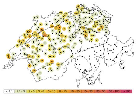 Carta della svizzera con i periodi di ritorno plottati a colori