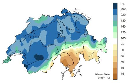 Carta svizzera con la distribuzione spaziale delle precipitazioni di novembre.