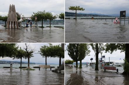 Durante l’estate 2021, a causa di ripetute piogge continue e intense, molti specchi e corsi d’acqua svizzeri uscirono dai loro argini Come in queste immagini a Wädenswil sul lago di Zurigo. 