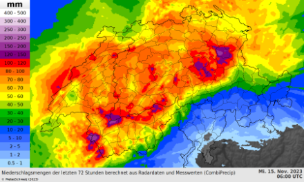 Totale degli accumuli di precipitazioni su 72 ore fino al 15 novembre 2023, 06 UTC.