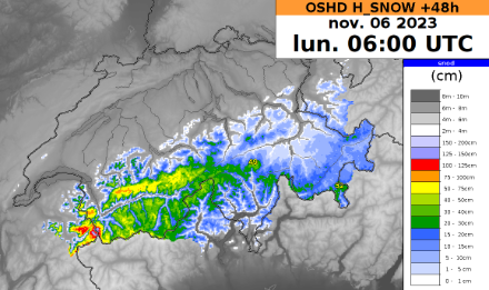 Quantità di neve fresca prevista nelle 48 ore tra sabato mattina e lunedì mattina dal modello OSHD.