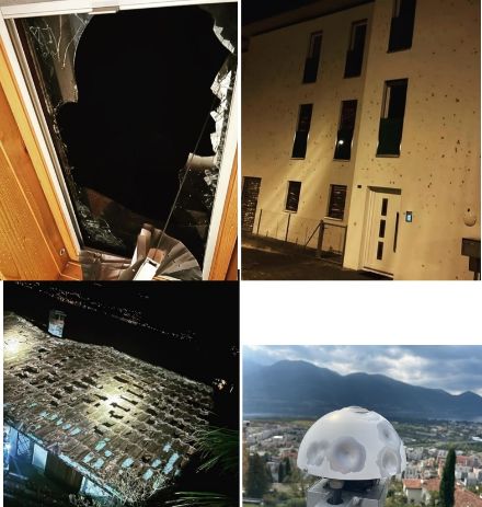 Fig. 12. Facciate di edifici rovinate, tapparelle, vetri, lucernari e tetti danneggiati. Anche la strumentazione a Locarno-Monti è stata seriamente danneggiata dalla grandine. Foto: Corpo Civici Pompieri Locarno e MeteoSvizzera.