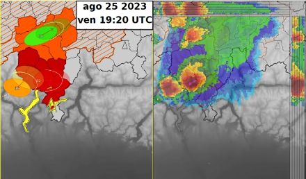 Fig. 2. Violento temporale grandigeno sul Locarnese il 25 agosto alle ore 21:20, ora locale. A sinistra l’algoritmo “Thunderstorm Radar Tracking (TRT)” identifica la cellula come molto violenta (elisse rosso). Per tutte le regioni del Ticino centrale il sistema automatico ha emanato delle allerte per temporali molto violenti di livello 4 (pioggia >50 mm/1h e/o grandine >4 cm e/o raffiche di vento oltre i 120 km/h). Il temporale mostra delle riflettività radar molto elevate >65 dBz (a destra) e un’attività elettrica particolarmente pronunciata.