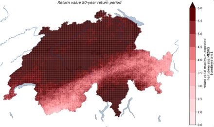 Fig. 9. Periodo di ritorno (30 anni sopra, 50 anni sotto) delle dimensioni dei chicchi di grandine in Svizzera (statistica dei valori estremi utilizzando circa 20 anni di stime fornite dal radar meteorologico – algoritimo MESHS, stima della grandezza massima dei chicchi di grandine).