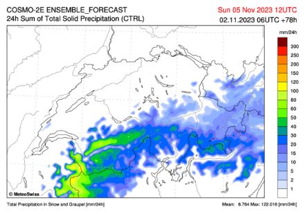 Fig. 2: Precipitazioni nevose previste fra sabato e domenica prossimi, in questa occasione il limite delle nevicate si abbasserà fin verso i 1100m. 