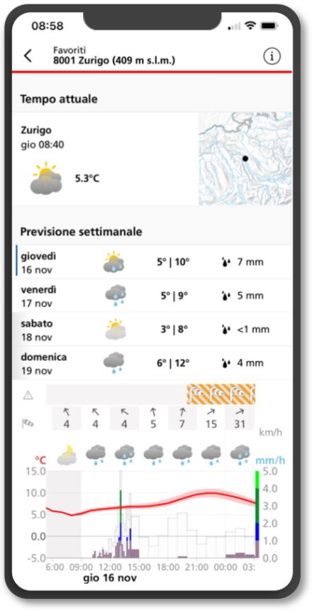 Figura 1: le previsioni locali nell'applicazione di MeteoSvizzera.