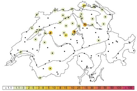 Fig. 3: Periodi di ritorno in anni dei picchi di vento giornalieri del 16 novembre 2023. Il calcolo include tutti i mesi. La barra di legenda mostra gli intervalli dei periodi di ritorno (ad esempio, 5-10 anni).