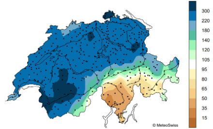 Fig. 3: Totale delle precipitazioni di novembre in Svizzera, espresso come percentuale della norma 1991-2020.