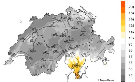 Fig. 5: Soleggiamento del mese di novembre 2023 in Svizzera, rappresentato come percentuale della norma 1991-2020. 