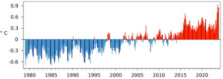 Fig. 1: Anomalia della temperatura di tutti im esi dal 1979 ad oggi rispetto alla norma 1991-2020. Le barre rosse (blu) denotano mesi più caldi (freddi) della norma. Le colonne nere rappresentano tutti i mesi di novembre. Fonte: Copernicus /ECMWF.