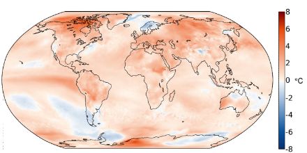 Fig. 4: Temperatura media globale dell’autunno boreale 2023 (mesi di settembre, ottobre e novembre) rappresentata come anomalia rispetto alla norma 1991-2020. Fonte: Copernicus / ECMWF.